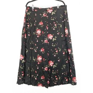 TR Bentley‎ Vintage Floral Button Front Midi Skirt Black Red Rose Rayon XL